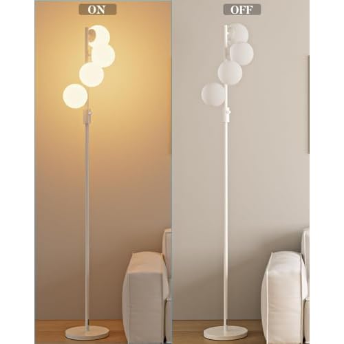 FAITHSAIL 4 Globe Mid Century Floor Lamp, Dimmable Modern Standing Lamp with PC Shade & 4pcs Warm White LED Bulbs, White Tall Tree Lamp for Living Room, Bedroom
