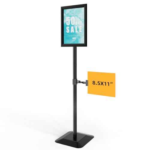 Adjustable Sign Stand for Display, Heavy Duty Sign Holder Floor Stand with Base, Aluminum Snap Open Frame 8.5x11, with Anti-Slip Solid Steel Square Pedestal and Signage Clip(Heavy Base,1 pack)