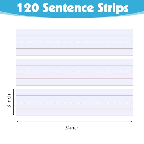 120Pcs Teacher Sentence Strips 3” x 24” Cardstock Double-Sided Ruled Lines Classroom Learning Tool