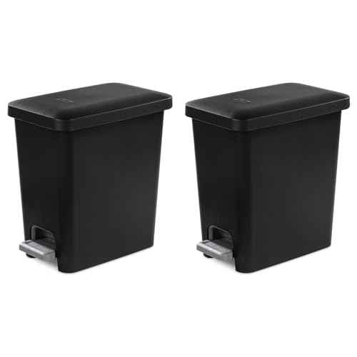 Sterilite 2.7 Gallon Rectangular StepOn Wastebasket with Lid, Small Plastic Trash Can for the Bathroom, Bedroom or Home Office, Pedal and Liner, Black, 2-Pack