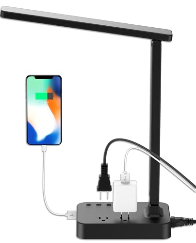 Drevet Black Classic LED Desk Lamp with USB & 2 AC Outlets, 3 Brightness Levels & Touch Control