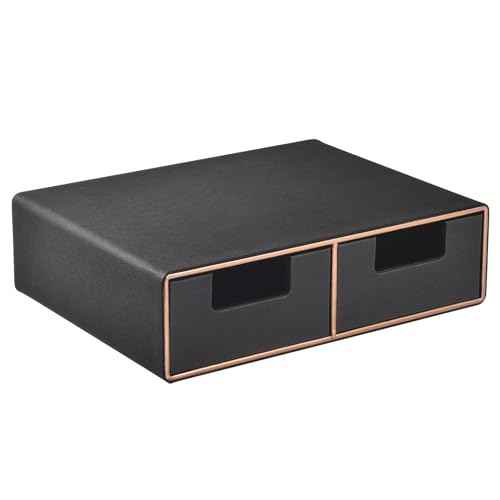 Linen Leather Desk Organizer and monitor stand with Drawers£­Mini Desktop Drawer Organizer Stackable£­Tabletop Organization Storage Box for Office Supplies Home Vanity Toiletries (Black, 2-drawers)