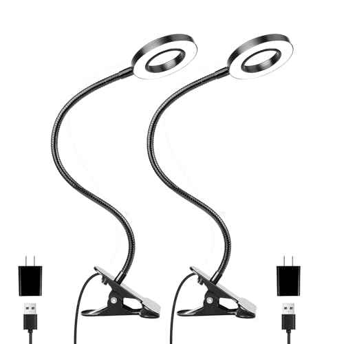 Desk Clip on Lamp for Reading Home Office, with 5V 2A Adapter, 10 Dimmable Brightness 3 Modes, Clamp Reading Light for Bed Headboard, Craft (2packs, Black)¡¦