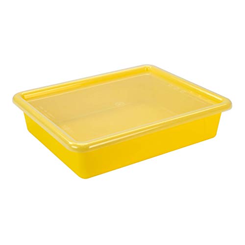 Storex Letter Size Flat Storage Tray ? Organizer Bin with Non-Snap Lid for Classroom, Office and Home, Yellow, 5-Pack (62538A05C)