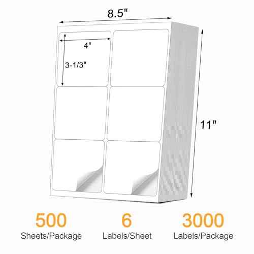 [500 Sheets 3000 Pcs] 6-UP 4''x3-1/3'' Shipping Labels for Laser & Inkjet Printers, A4 6 UP Shipping Mailing Stickers, 6 Pcs Per Page Shipping Labels,8.5"¡¿11" White Stickers for Printer