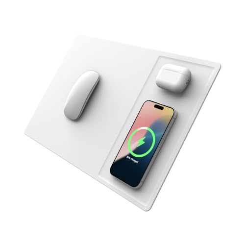 POUT H3 PRO Dual Qi Wireless Charging Mouse Pad ? Dual Fast Wireless Chargers for Smartphones and Earbuds ? Smooth Surface with Anti-Slip Base for Home and Office Use (Polar White)