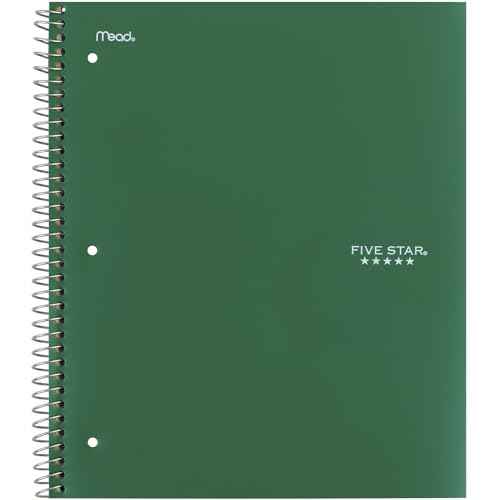 Five Star Spiral Notebook + Study App, 5 Subject, College Ruled Paper, 8-1/2" x 11", 200 Sheets, Fights Ink Bleed, Water Resistant Cover, Forest Green (72079) (Pack of 6)