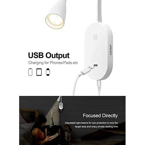 deeloop LED Wall Mount Reading Light for Bed, Reading Lamp with USB Output 5 Brightness Levels Touch Control Book Lights, 4000K Bedside Lamp Flexible Gooseneck, 2 Easy Install Options