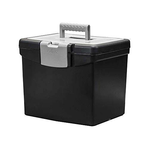 Storex Portable File Box with Organizer Lid ? Plastic Office File Storage Box for Letter Paper and Hanging Folders, Obsidian, 1-Count (61504C01C)