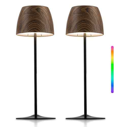 ELYONA 2 Pack Cordless Table Lamp, LED Walnut Wooden Desk Lamps RGB & 3 Color Stepless Dimming Waterproof Rechargeable 4000mAh Battery Operated for Restaurant Bedroom Outdoor Office Night Light Black