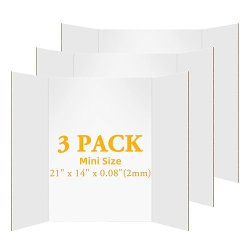 AKONEGE 3-Pack Small White Tri Fold Poster Boards 21 x 14 Inches for Science Fair & Presentations