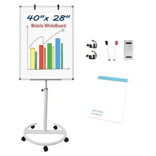 Mobile Easel Whiteboard 40x28 Inches ? Adjustable Height Rolling Whiteboard on Wheels, Magnetic Portable Dry Erase Board Stand Easel White Board Flipchart Easel Board with Paper Pad