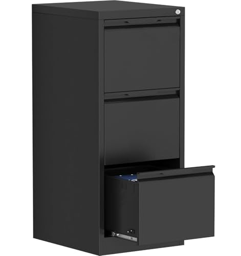 LONGLINK 3-Drawer Locking File Cabinet, 15W Black – Letter/Legal/A4 Filing