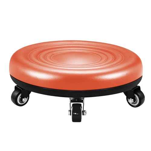 Lanstics Leather Roller Seat Wheel Stool with Universal Wheels - Low Rolling Chair for Home Office & Fitness (Orange)