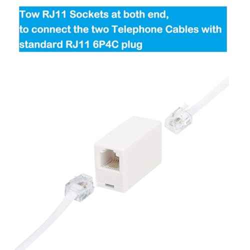 Long Telephone Extension Cord 20 FT, White, Phone Cable Line Wire with Standard RJ11 Plug, 1 Phone Line Splitter, 1 in-line Coupler and 15 Cable Clips for Telephone Calling Communication