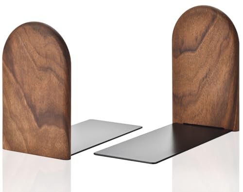 Lauvee Small Brown Black Walnut Book Ends - Heavy Duty & Non-Slip Wooden Shelf Organizer