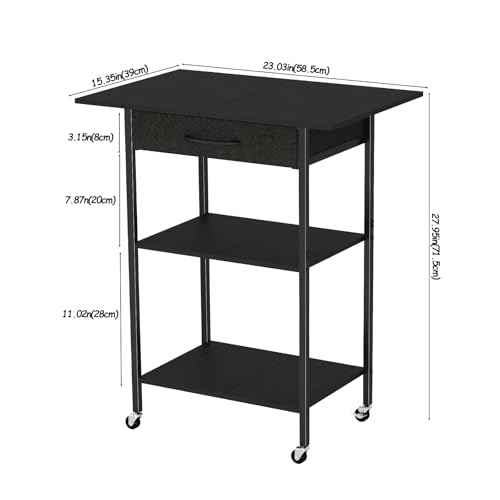 3-Tier Printer Stand, Printer Table with Fabric Drawer, Industrial Printer Storage Cart with Wheels, Rolling Printer Stand for Heat Press Scanner Fax, Black