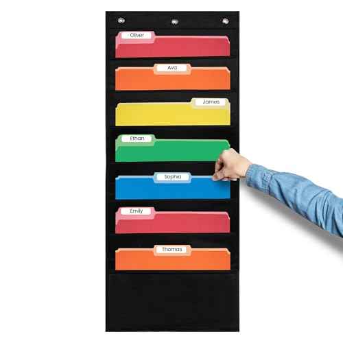 Essex Wares - 7 Pocket File Pocket Chart, Black, Tall - Versatile Wall Hanging File Folder Organizer for Classroom, Office, Home, and More - Wall Folder Organizer - 7 Pockets