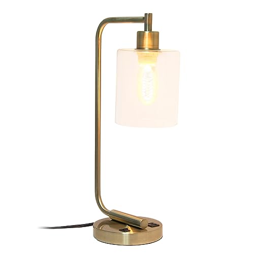 Simple Designs LD1066-ABS Bronson Antique Style Industrial Iron Lantern Desk Lamp with 2 Dual USB Ports and Glass Shade, Antique Brass