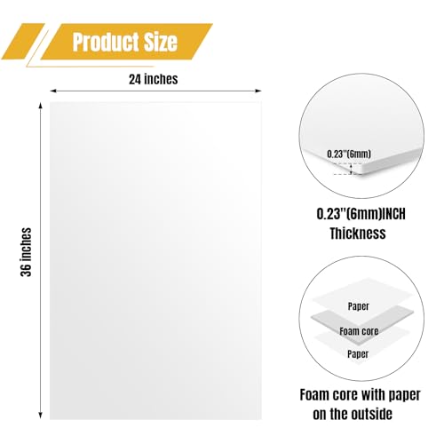 3 Pack White Foam Board 24"x36", 0.23" Thick Foam Core Board for Projects, White Poster Board for Painting, Displaying, and Craft Projects