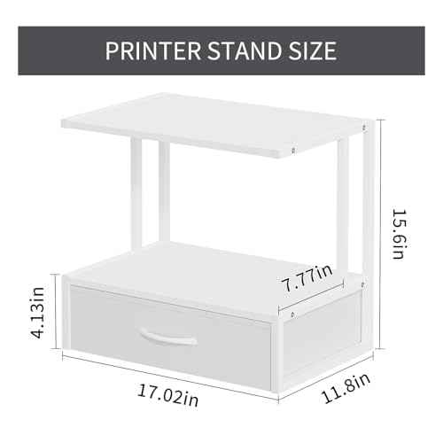Printer Stand with Storage for Desk, with Fabric Drawer Desktop Printer Stand Shelf Organzier for Home Office, for Above and Under Desk Printer Table, Fax Machine Copier Scanner, White