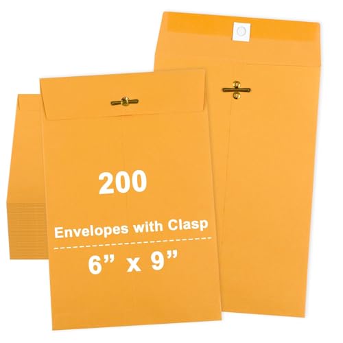 200 Pcs 6x9 Inch Manilla Envelopes with Gummed Seal & Clasp Closure Bulk