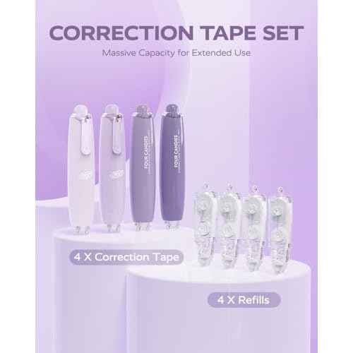 Four Candies Refillable Retractable White Correction Tape, 4PCS Smooth White Pull-Out Tape with 4 Extra Refills, Easy to Use Applicator for Instant Corrections for Office, School Supplies (Purple)