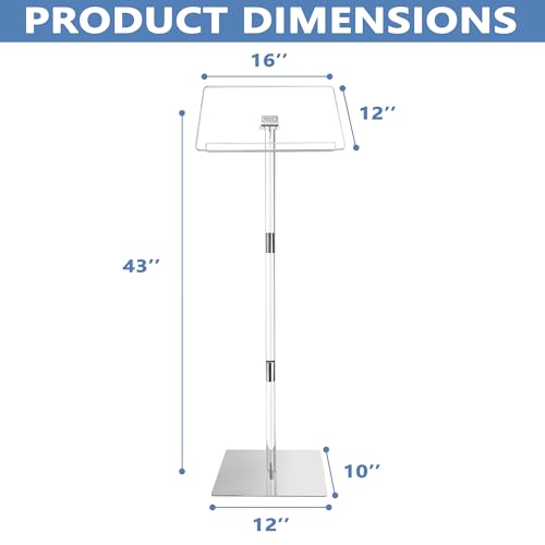 Podium Stand, Lecterns & Podiums, Acrylic Podium, Portable Podium Stand, Adjustable Angles with Metal Base, Podium for Classroom, Church, Weddings, Speech, 16" L x 12" W x 43" H, Clear