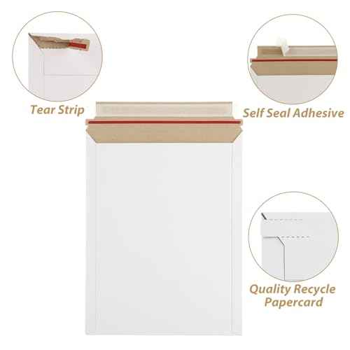 100 Pack 9.5x12 Inch Rigid Mailers, Self Seal Photo Document Mailer Cardboard Mailing Envelopes Stay Flat Mailers for CD, Photos, Document, Pictures, Papers, Files, White