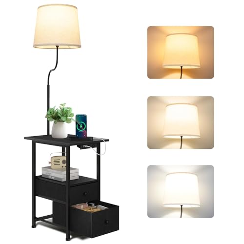 addlon Floor Lamp with Side Table, Nightstand with Charging Station, 3 Color Temperatures 9W LED Bulb, Floor Lamps for Living Room, Bedroom, Storage End Tables Living Room - Black