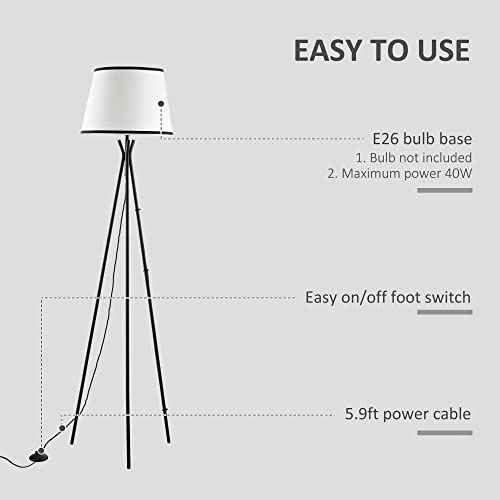 HOMCOM Modern Tripod Floor Lamp, Freestanding Lamp w/Fabric Lampshade and E26 Base for Living Room, No Bulb - Black