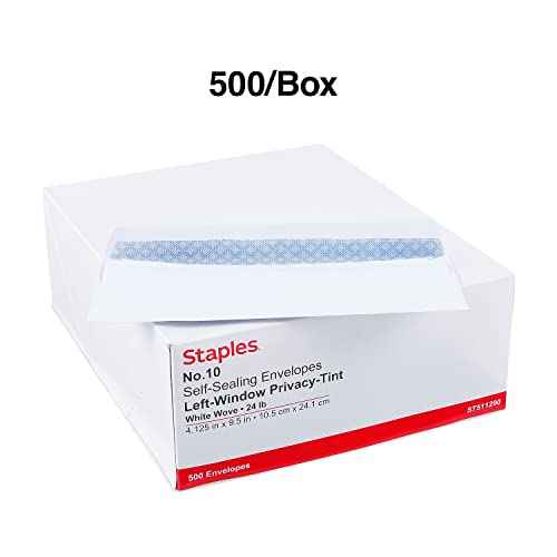 Staples #10 Business Envelopes, Self-Seal Security-Tinted, Simple Secure Closure, 9.5 x 4.125 Inch, 500-Pack, White