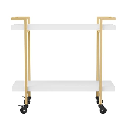 Martha Stewart Liam 2-Tier Mobile Office Storage and Printer Cart in White with Polished Brass Frame