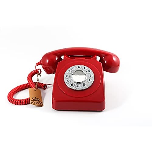 GPO 746 Push-Button 1970s-style Retro Landline Phone - Curly Cord Authentic Bell Ring - Red
