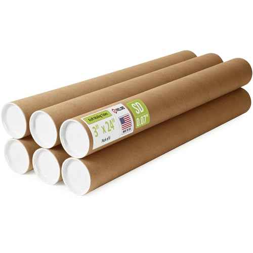 3" x 24" Reinforced Kraft Paper Mailing Tubes, Pack of 6 Tubes with 2 Caps Each ? USPS Approved Poster Tube ? Made in USA Cardboard Tube for Shipping and Storing Posters, Prints, Artwork, or Documents