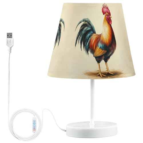 3-Color Dimmable LED Table Lamp, Rooster Vintage Style Linen Shade Large 12" Bedside Nightstand Light with USB Port Gift for Home Desk Bedroom Room Cafe