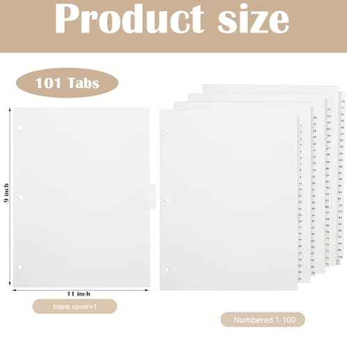 Yeaqee 1-100 Numbered Tabs Dividers for 3 Ring Binders 8.5 x 11 Inch Letter Size Numbered Dividers White Binder Index for File Notebook