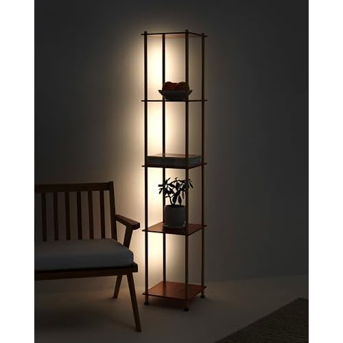Brightech Aria Metal & Wooden Shelf Floor Lamp with Wireless Charging Station? Narrow Free Standing Nightstand LED Lamp ? Column Tower Stand Up Lighting for Living Rooms & Bedrooms ? Gold/Brass