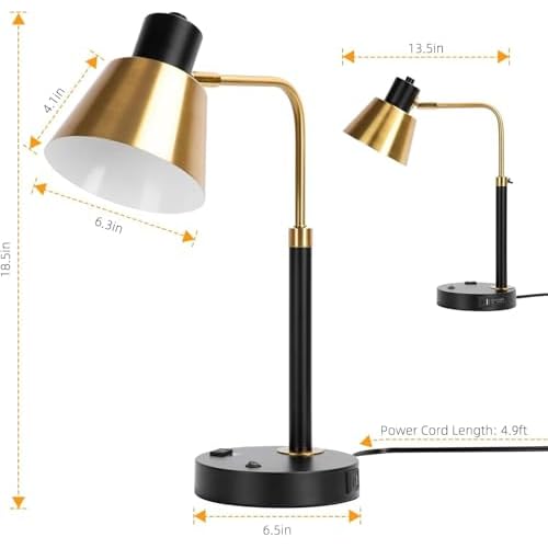 Desk Lamp with Dual USB Charging Port, Heavy Duty Metal Task Light, 340 Degree Swivel Arms, Easy Assembly with Cord Guide, Reading Lamp for Home Office, Black & Gold (Bulb Not Included)