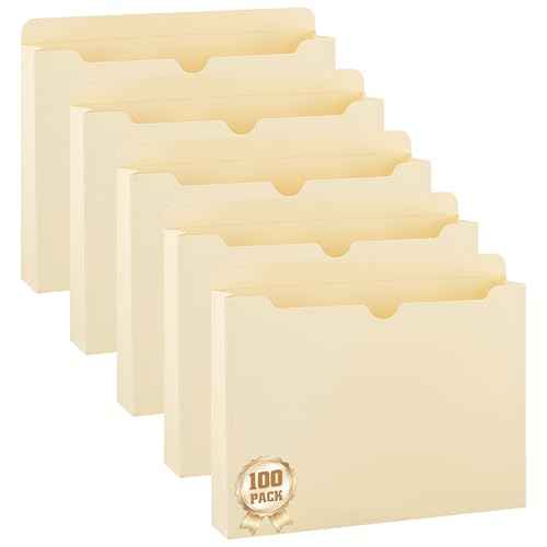 Manila File Jacket,10x12 Inches Jacket File Folders,2 Inch Expandable Sides Manila Folders,100 Packs Project File Jacket,Assorted Positions,Reinforced Straight-Cut Tab
