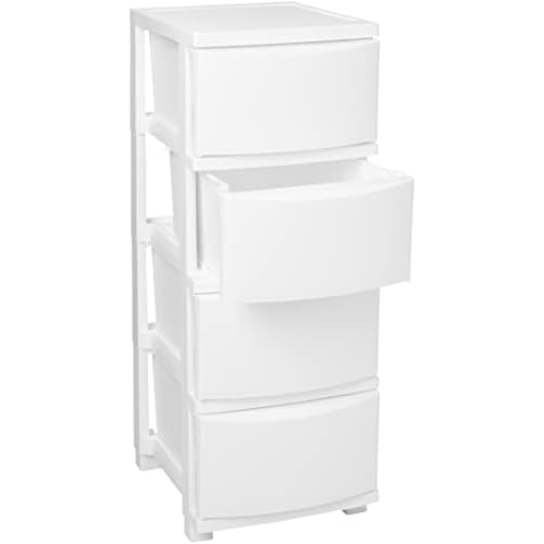 IRIS USA Plastic Drawer Storage Organizer, 4-Drawers, for Classroom Art Supplies Bathroom Dorm Bedroom Laundry Room, Slim Narrow, White Frame with Matte White Front Panels