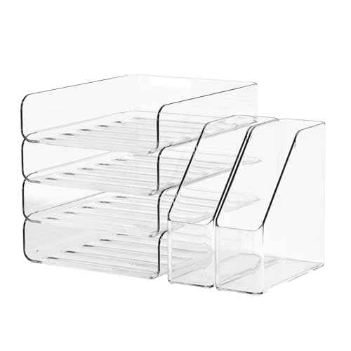4-Tier Brown Acrylic Paper Tray Organizer for Desk + 2 Bookends ? Stackable Letter Tray, Acrylic Desk Accessories/File Organizer, Office Paper Organizer