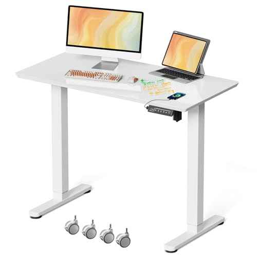 JOY worker Small Electric Standing Desk, 40" x 20" Whole Glass Piece Height Adjustable Desk with Memory Controller, White Sit to Stand Desk Workstation for Home Office
