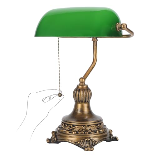 NISSAFORS Bankers Lamp with Pull Switch, Green Glass Desk Lamp with Retro Black/Gold Finish, Vintage Table Lamps for Living Room, Library, Piano(Green)
