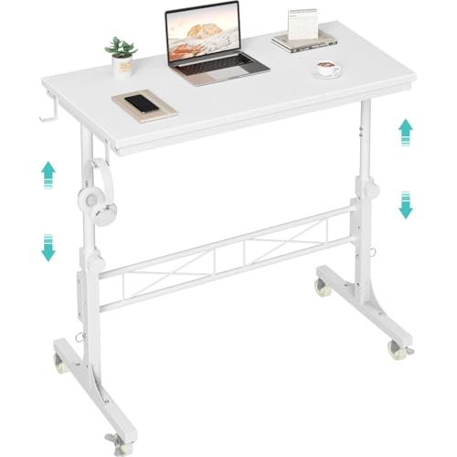 Small White Rolling Standing Desk with Wheels, 32 Inch Small Portable Adjustable Height Mobile Stand Up Desks for Treadmill Walking Pad & Teachers, Couch Sofa Side Laptop Table for Bedroom