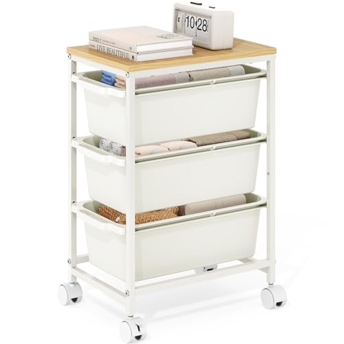 KINGBOARD White 3-Drawer Slim Rolling Cart with Wooden Top - 14.37 x 9.65 x 21.26 in