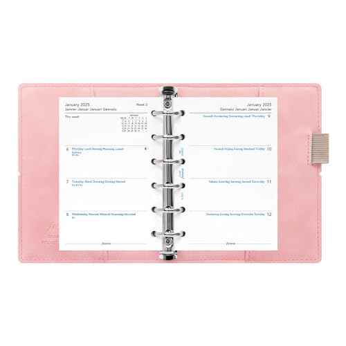 Filofax Domino Soft Organizer, Pocket Size, Pale Pink - Smooth, Leather-Look, Grain Effect, Tactile, Six Rings, Week-to-View Calendar Diary, Multilingual, 2025 (C022581-25)