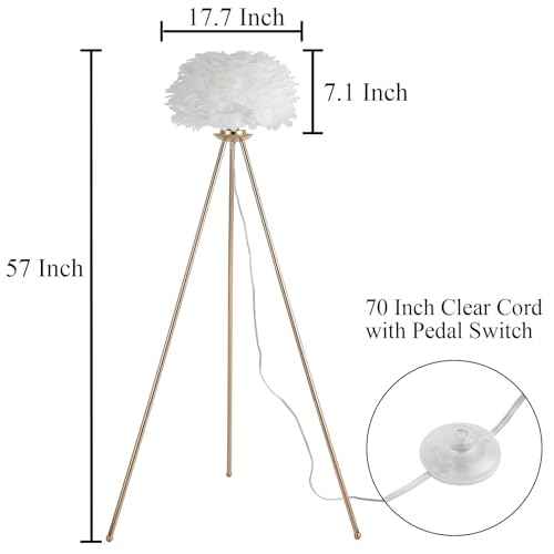 Modern Gold Feather Floor Lamp,Tripod Floor Lamp with White Feather Shade,Elegant Standing Tall Lamp for Bedroom Living Room Home Decor