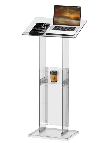 ClarityCraze White Acrylic Podium Stand with Storage Shelf, 45.5" Lectern for Classroom & Events