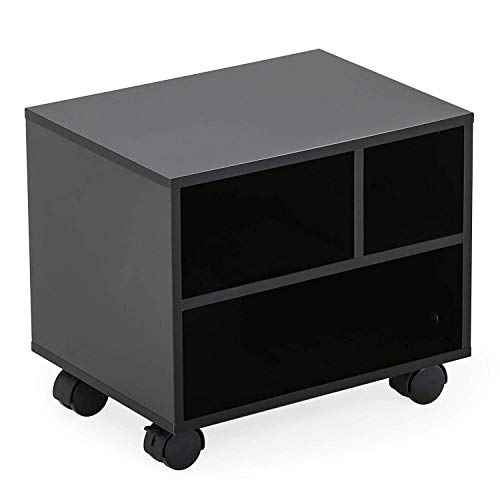 FITUEYES Mobile Printer Stand with Storage, Under Desk Black Wood Small Rolling Printer Table Work Cart with Wheels and 3 Compartment Organizer Spaces for Home Office, 15.7 x 11.8 x 13.8